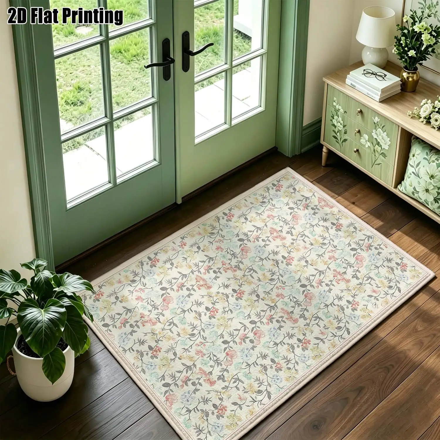 1Pc 2D Printed Carpet: Light Beige Base, Pink Floral Pattern, Nordic/Modern Minimalist/European/Vintage Style, Instagram-Worthy, Home Decor, Multiple Sizes, Machine Washable, Suitable for Entryway, Dining Room, Foyer, Bedroom, Living Room