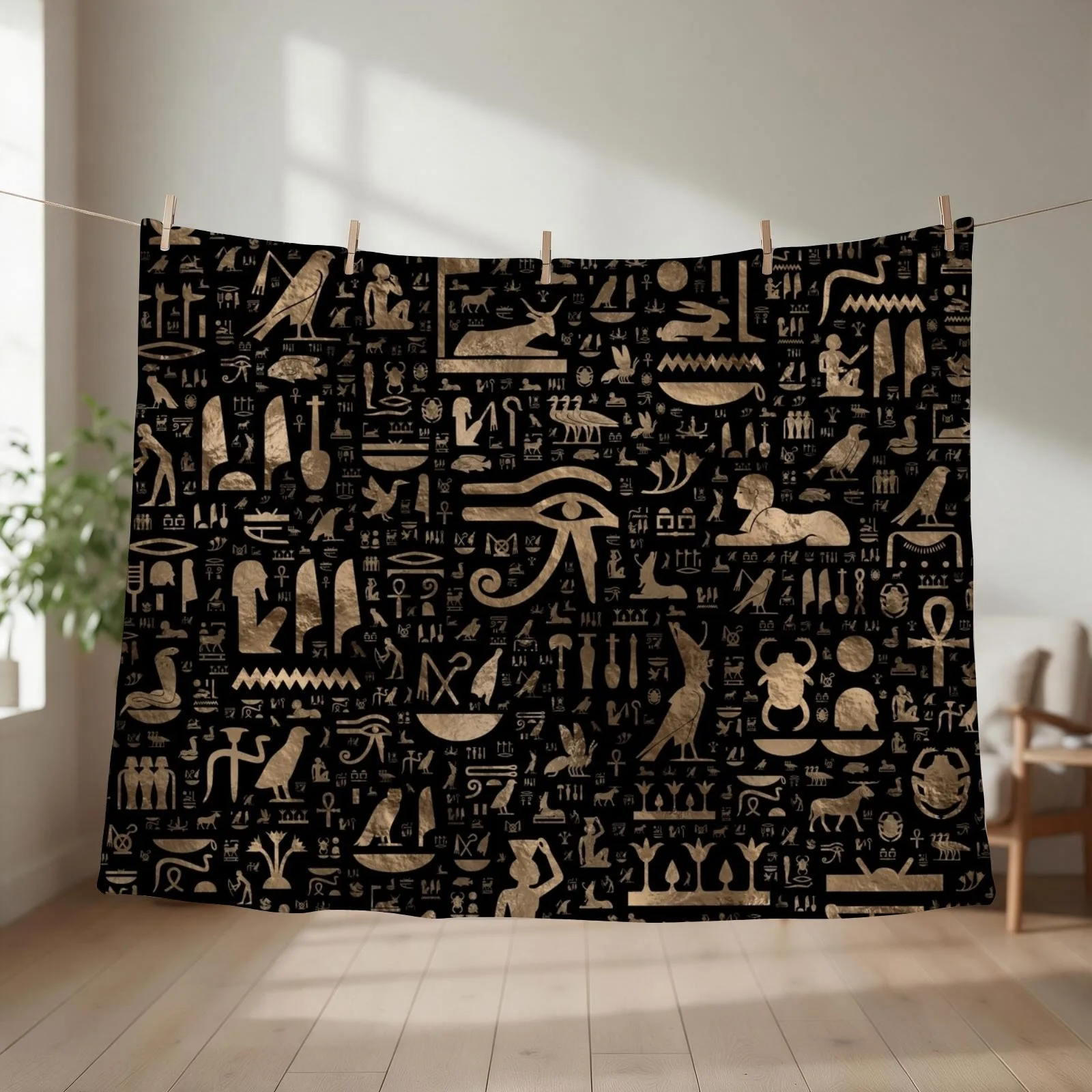 Ancient Egyptian hieroglyphs - Black and gold Throw Blanket couch cozy soft plush fuzzy picnic outdoor blanket