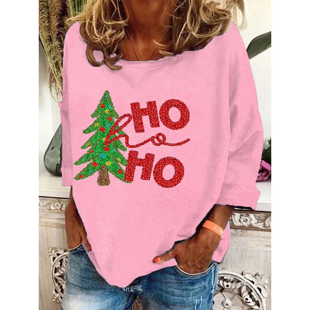 Christmas Cotton T-Shirt For Women O Neck Letter Print Tops Autumn Ladies Pullover Harajuku Long Sleeve Female Oversize Clothing