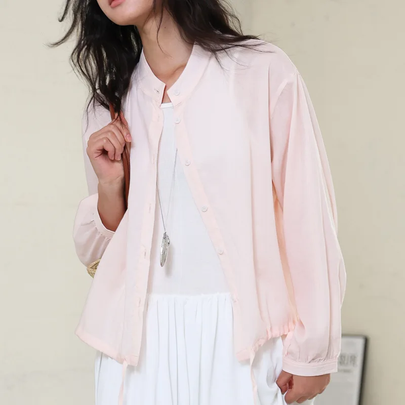 Linen Stand-up Collar Shirt Women's 2025 New Spring and Summer Cardigan Light and Loose Button-up Top