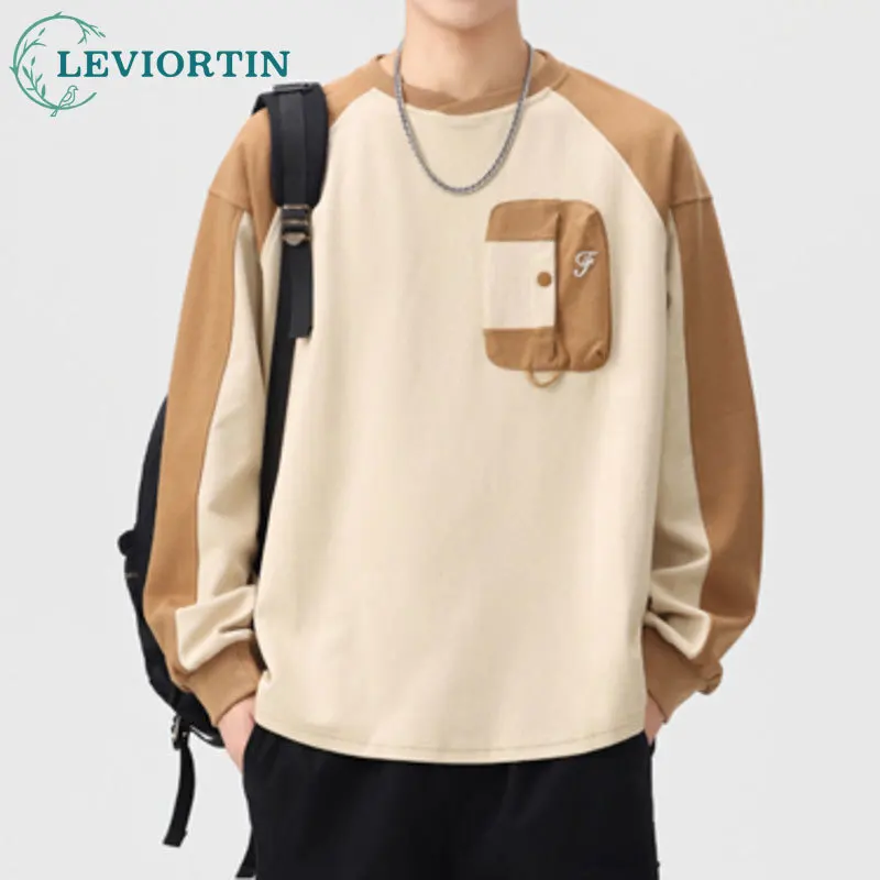 Men's Japanese style retro pullover sweater with mountain embroidery pocket embroidery design and raglan sleeves sweatshirt