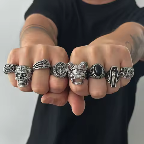 SHIXIN Gothic Skull Claw Cross Ring Set for Men Vintage Silver Color Adjustable Open Rings Male Punk Jewelry Finger Accessories