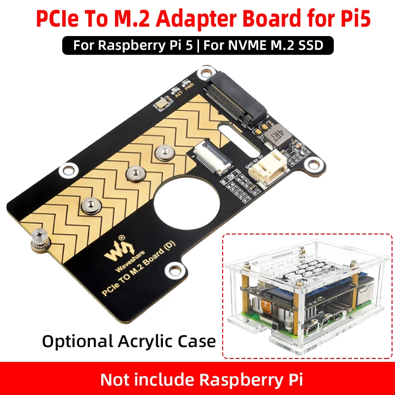 PCIe To M.2 Adapter Board (D) for Raspberry Pi 5 to NVMe M.2 SSD 2280 / 2260 / 2242 / 2230 Size Gen2 Gen3 Support for RPi 5