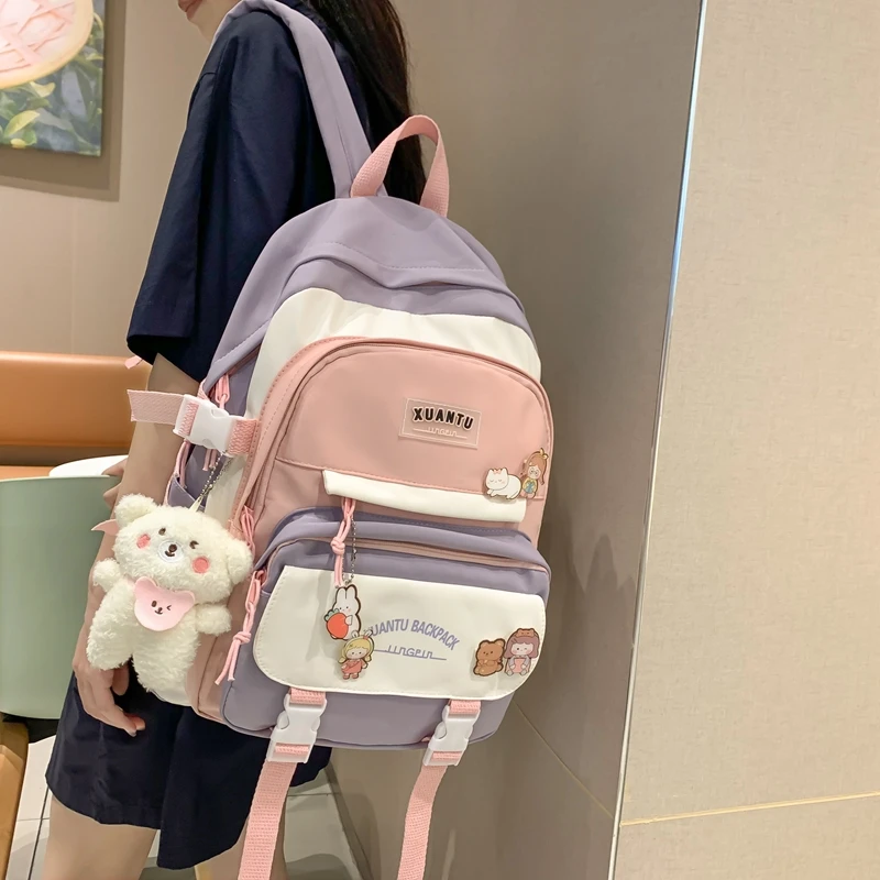 JULYCCINO Multi Pocket Badge Women Backpack High School Girls School Bag Shoulder Bags For Teenage Girls Cute Backpack Mochila