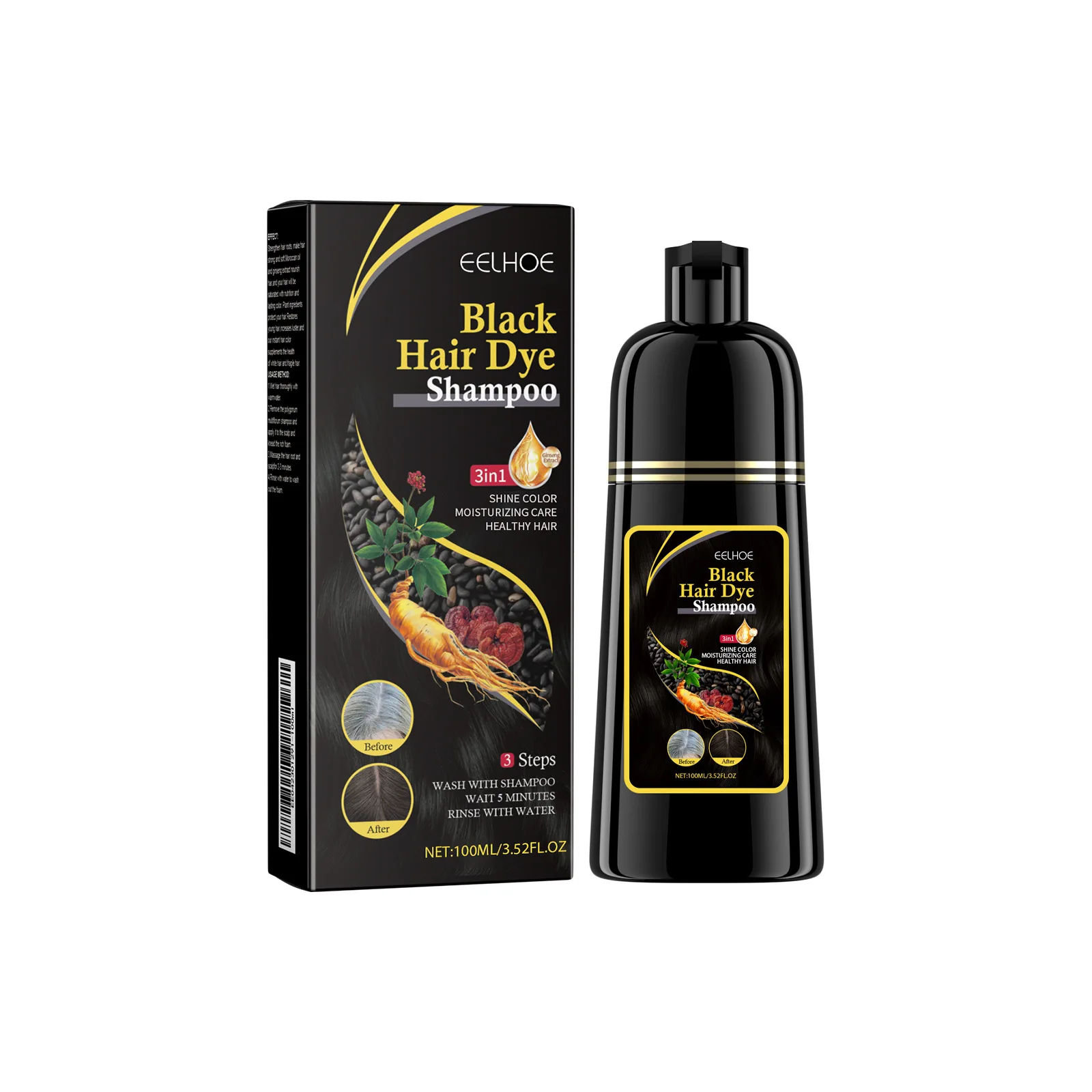 EELHOE Schwarzes Haarfärbe-Shampoo, 3-in-1-Wachstum, sauberes Haar, verdunkelndes, tief nährendes schwarzes Haarfärbe-Shampoo, natürliches Bio-Kräuter