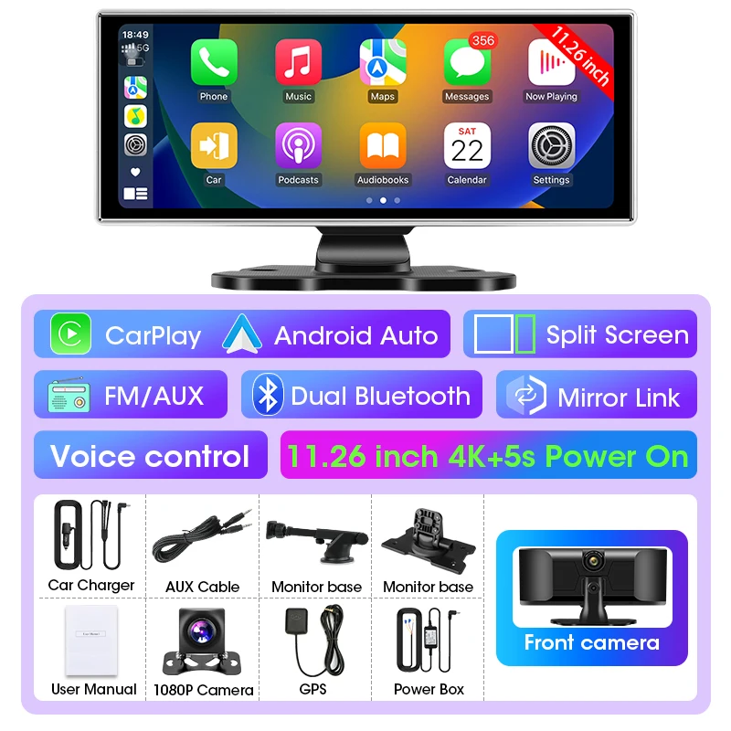 11,26 inch auto DVR 4K Dash Cam Dual Lens Draadloos Carplay & Android Auto Video Recorder Monitor GPS-navigatie 5G Wifi FM AUX