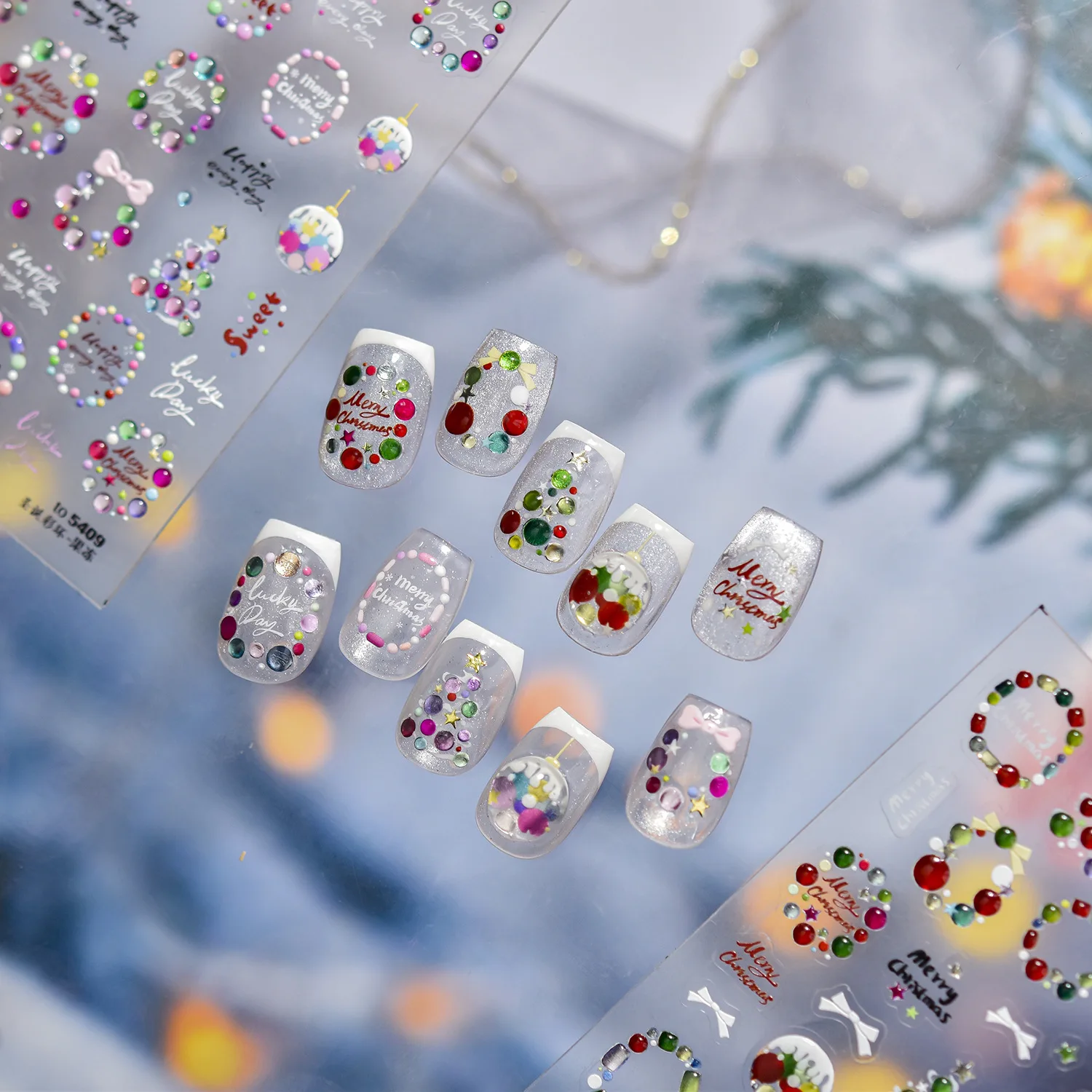 귀여운 꿈같은 크리스마스 컬러풀 볼 트리 리본 고품질 겨울 파티 네일 스티커 아트 장식 디자인 T-5409
