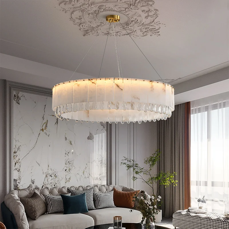 Modern Home Living Dining Room Brass Marble Chandelier Round Nordic Villa Hotel Lobby Copper Alabaster Pendant Light