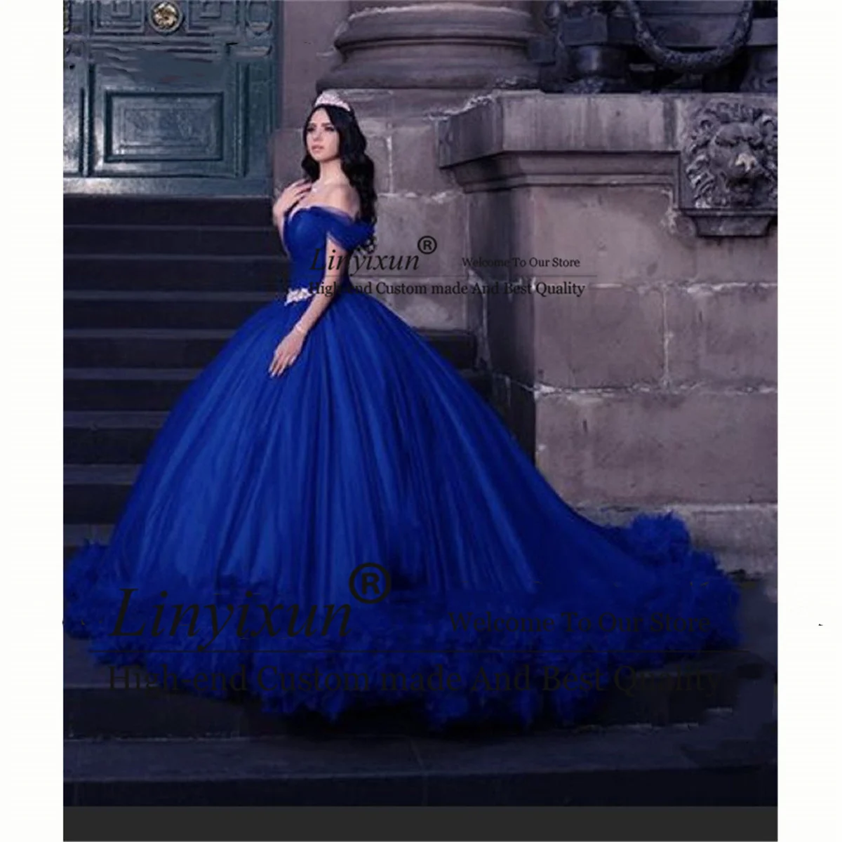 Royal Blue Ball Gown Quinceanera Dresses Off Shoulder Ruched Bottom Sweet 15 16 Dress Lace Up Court Train Vestido De 15 Anos