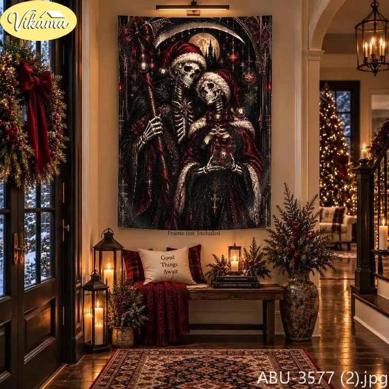 VIKAMA Dark Christmas Couple Skeleton Tapestry, Round Moon Castle Background Cloth, Party Wall Decor