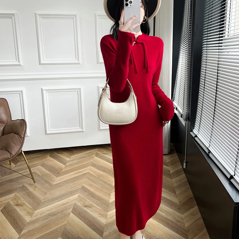 

Women Fashion 100% Merino Wool Chinese-Style Frog Button Dress Soft Long Sleeves Clothing Comfortable Soft Solid Color Dress