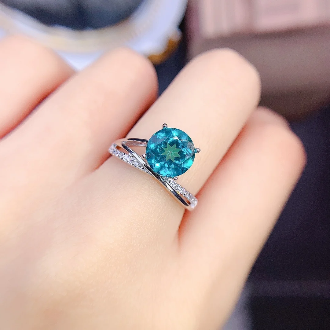 

Solid Real 925 Sterling Silver Round 8mm Natural Paraiba Topaz Ring Womens Engagement Rings