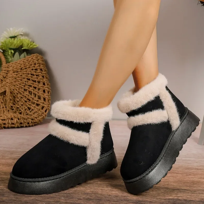 2024 Winter Women Short Plush Warm Snow Boots Casual Shoes  New Suede Fur Chelsea Ankle Boots Flats Platform Ladies Shoes Botas