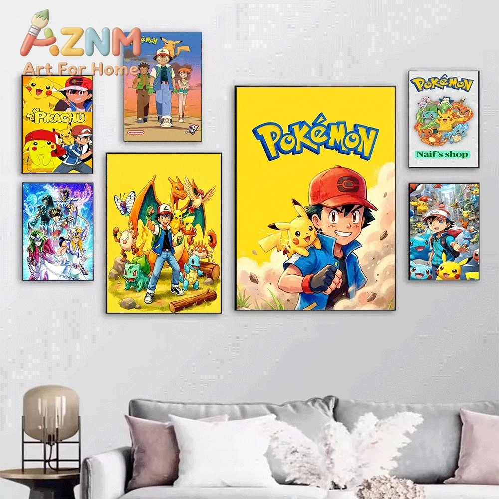 Green Radial Burst Ash And Pikachu Pokemon Canvas Wall Art No Frame Anime Print Poster Painting for Kids Bedroom Living Room H