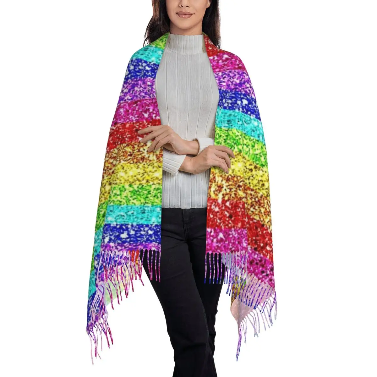 Rainbow Glitter Scarf Tassel Scarves Women Soft Warm Shawls and Wraps Long Fall Winter Shawl Wrap