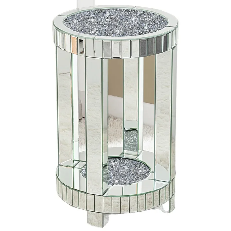Round Coffee Table with Broken Diamond Mirror Top Modern Two Tier Small Sofa Side Table for Living Room Decor