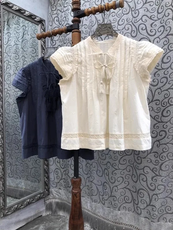 100%Cotton Tops 2024 Summer Fashion Blouses Women Bow Collar Lace Embroidery Deco Short Sleeve Apricot Dark Blue Loose Tops