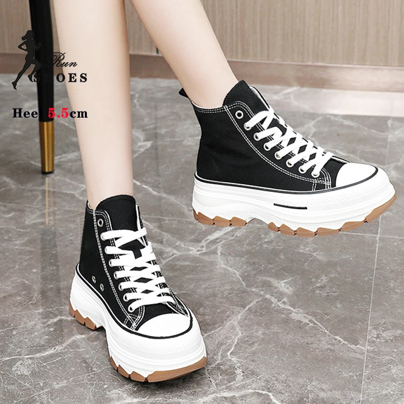 Ladies Lace-up Canvas Shoes 2024 New Thick Sole High Top Women Sneakers Black Non-Slip Plimsolls Female Outdoors Casual Shoes