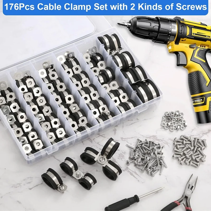 Juego de abrazaderas para cables de AB09-176Pcs, abrazaderas aisladas de goma de 8 tamaños con tornillos de 72 Uds., para instalación automotriz de cables
