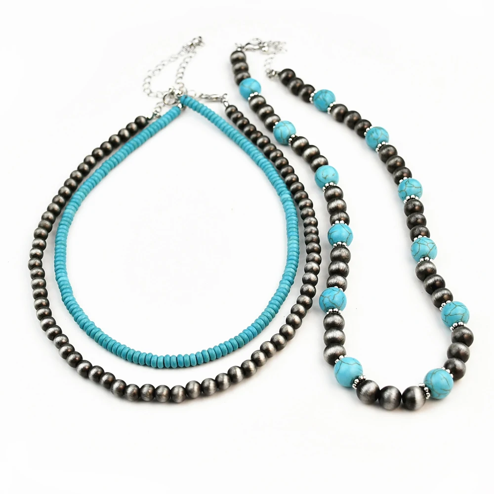 Yumfeel 3pcs Western Style Navajo Pearl Vintage Turquoise Beaded Necklaces Women Bohemian Vacation Handmade Choker