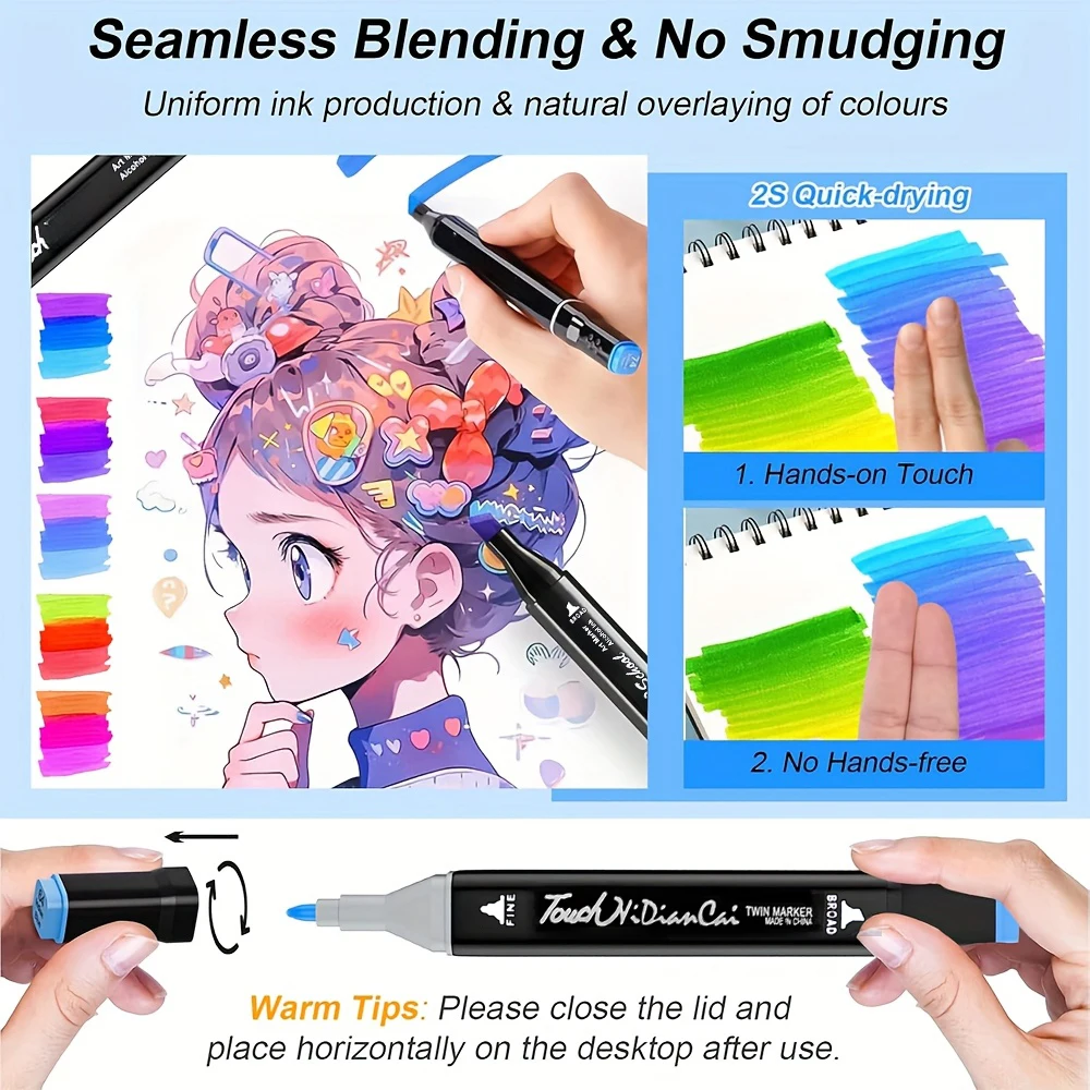 80 لونًا لعلامات الكحول ذات الأطراف المزدوجة مجموعة أقلام رسم دائمة للأطفال والكبار، رسم توضيحي للرسم