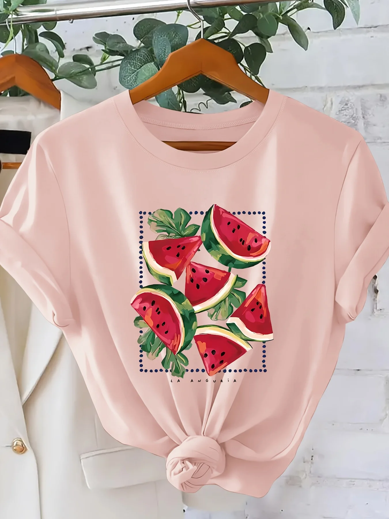 Women's Refreshing Watermelon Printed Short Sleeve Vitality Fruit Pattern Round Neck Tshirt Age Reducing Travel Casual Style Top
