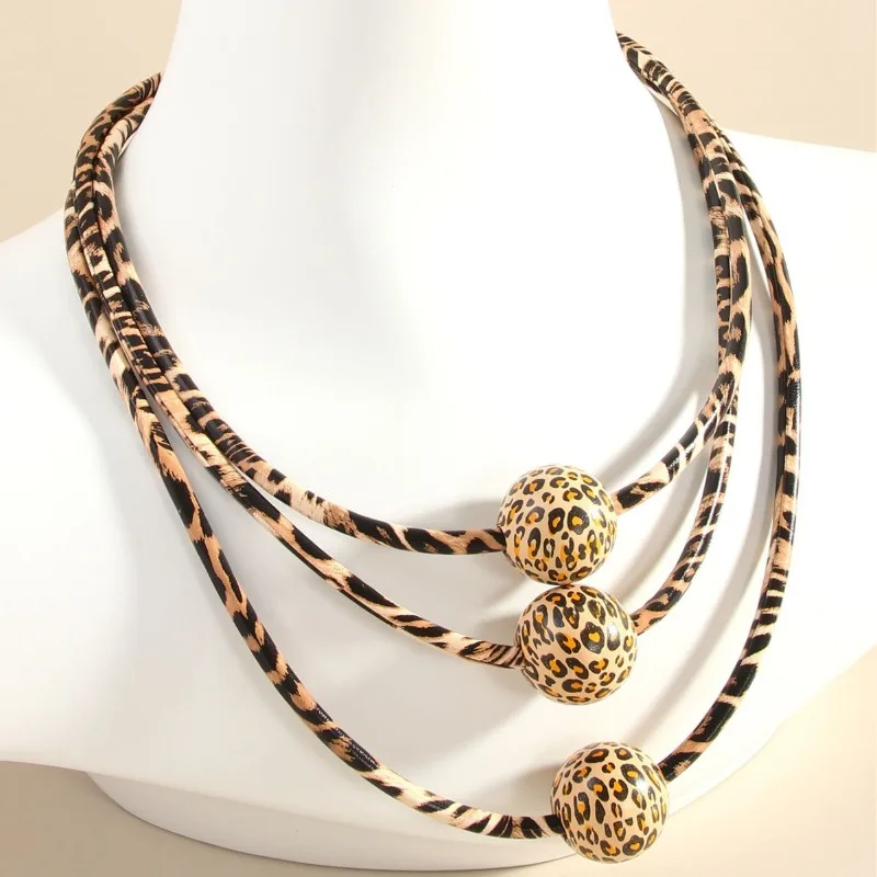 

New Retro Multi-layer Leather Wood Bead Leopard Print Necklace for Women's Fashionable Personalized Sweater Chain Accessories