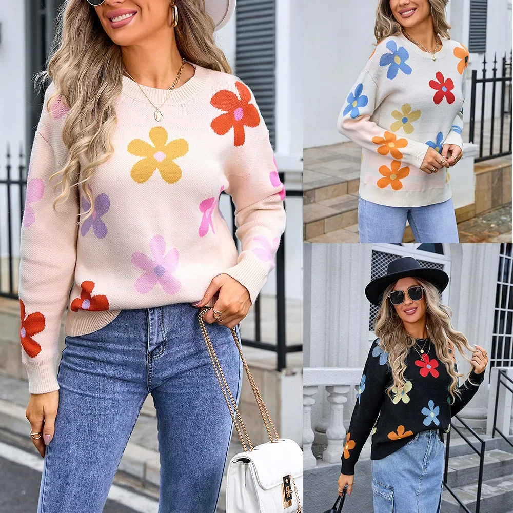 

Female Flowers Jumpers O Neck Long Sleeve Slight Strech Sweater Women Knitted Print Pullovers 2024 Basics Loose Fit Autumn