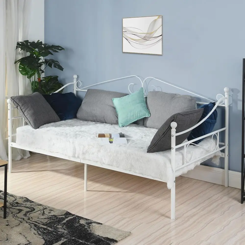 Rangka Tempat Tidur Twin dari Logam Putih dengan Sandaran Kepala, Platform Kasur, dan Pilihan Tempat Tidur Sofa untuk Ruang Tamu/Kamar Tamu