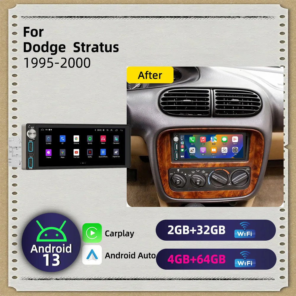 Radio para Auto Android de 6.86 Pulgadas, Reproductor Multimedia 1 DIN, Unidad Principal Estéreo para Dodge Stratus 1995-2000, Pantalla con Carplay y Android Auto