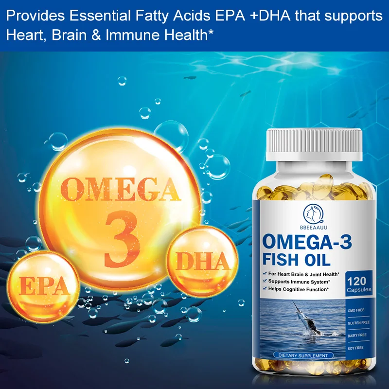 BBEEAAUU Omega 3 Fish Oil Capsules with DHA EPA Focus and Memory Brain Eyes Heart Health Supplements