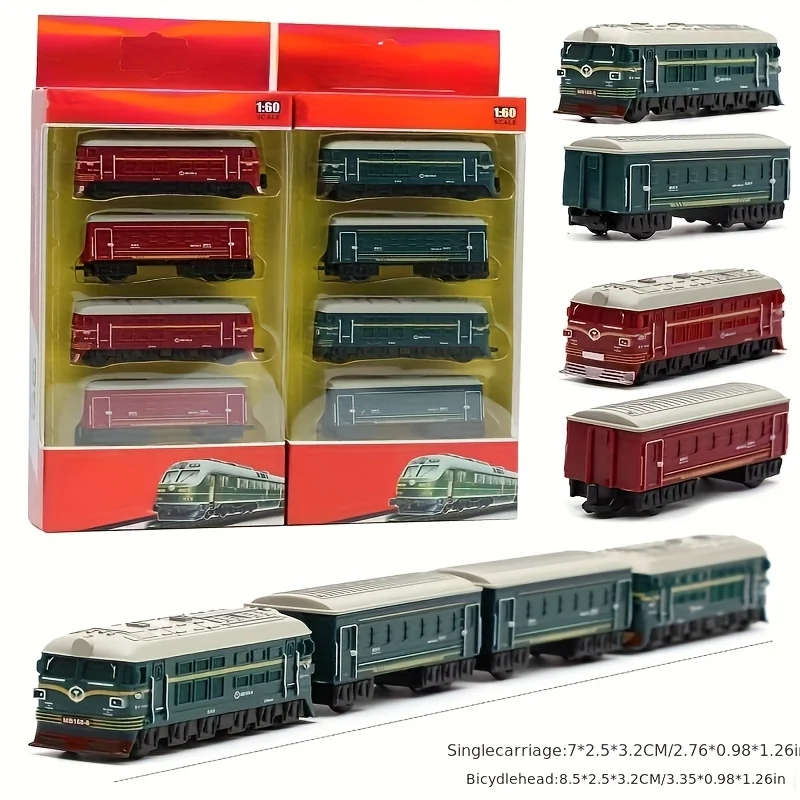 4 Pieces Per Pack. Retro Alloy Green Train Toy Model. With Return Function and Hook Connection. Fun and Interesting.