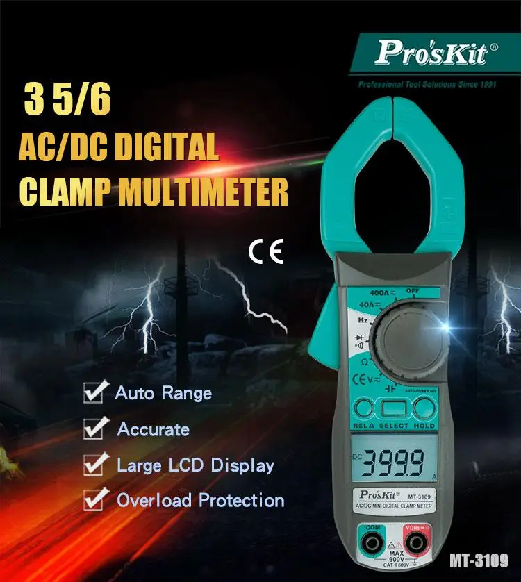 

Pro'sKit MT-3102/MT-3109 Mini Digital Clamp Meter AC current 2A. Temperature measurement 0.8% best accuracy Auto range