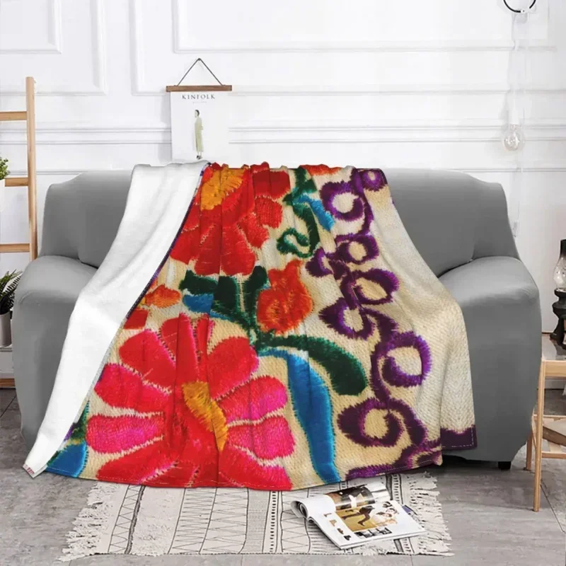 Mexican Flowers Embroidery Art Blanket 3D Printed Soft Fleece Warm Floral Folk Throw Blankets for Office Bedroom Couch Quilt