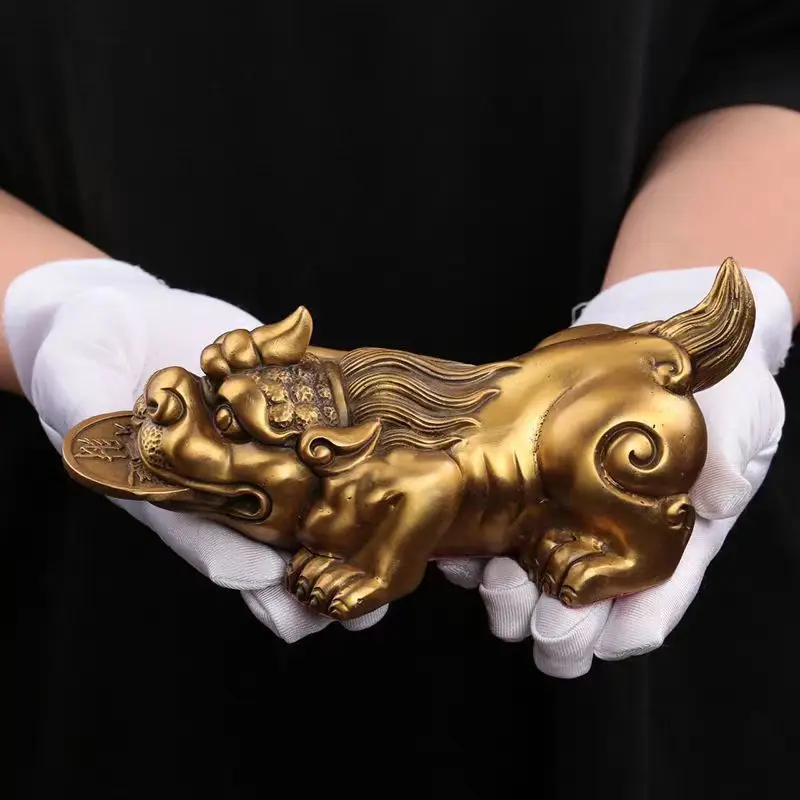 Golden Figurine, -Copper Ornament, Office Decoration, Pure Brass Feng Shui Pixiu, Wealth-Attracting All-Coppe