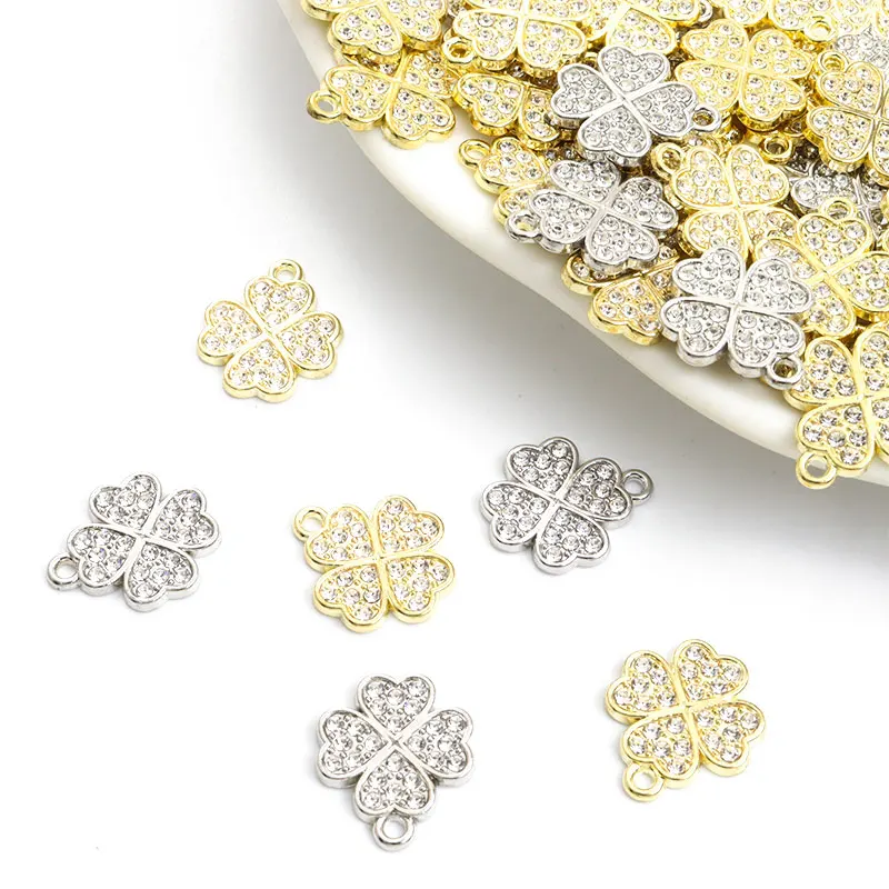 Fashion 10pcs Clover Crystals Rhinestone Metal Charm Gold/Silver Color Four Leaf Clover Pendant for Jewelry Making DIY Accessory