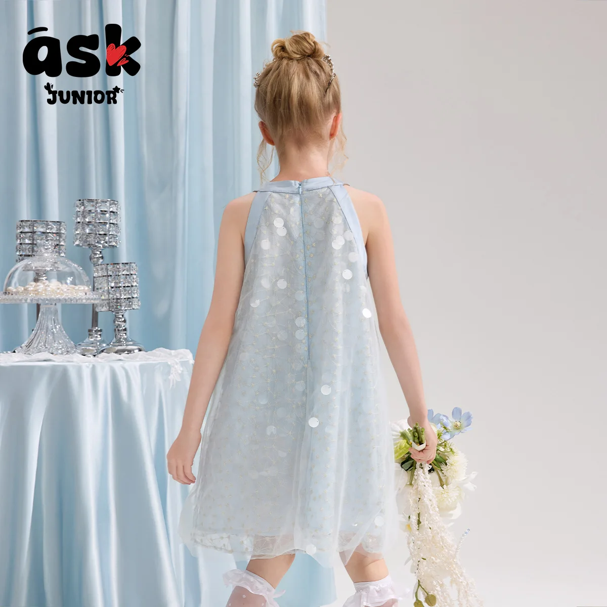 فستان صيفي للأطفال للبنات الكبار الأولاد الأزرق مطرز شبكة بلا أكمام اللباس #5