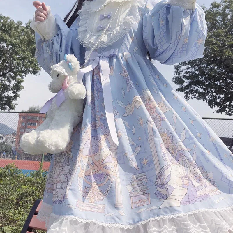 Japanese Sweet Kawaii Blue Lolita Long Sleeve Dress Awaii Sweet White Dress