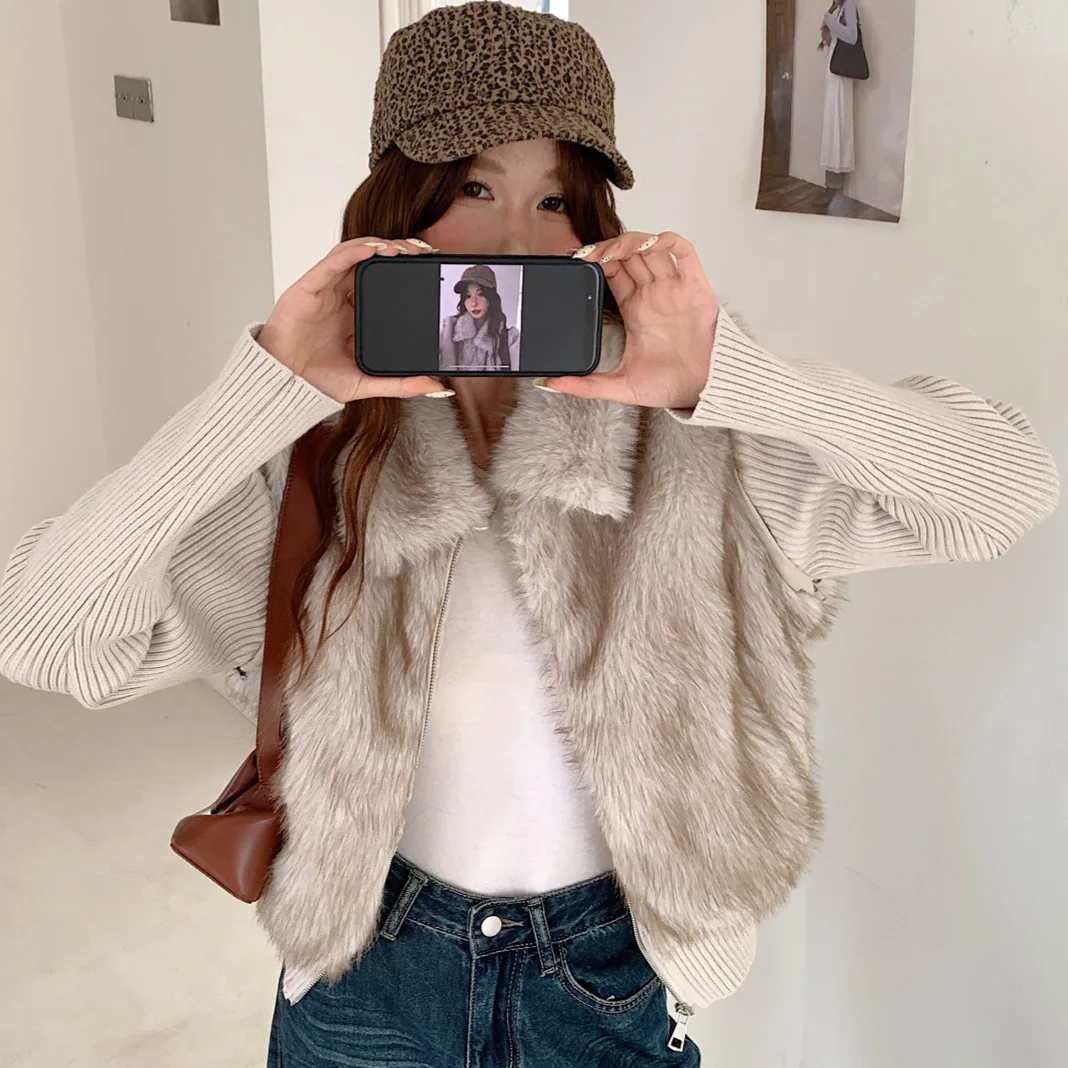 Autumn Winter Women Imitation Fur Jacket 2026 New Lapel Splicing Knitted Sleeve Zipper Coat Removable Vest Female Tops Outerwear