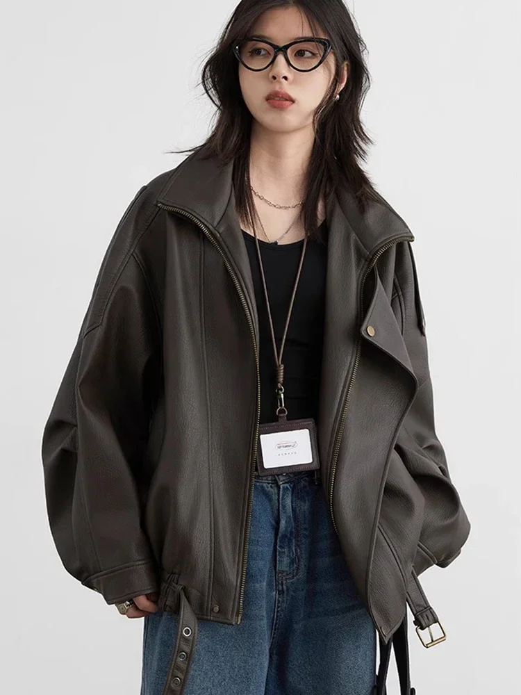 CHIC VEN Female PU Jacket Solid Loose New Retro Standing Collar Motorcycle Faux Leather Coat Female Top Spring Autumn 2024