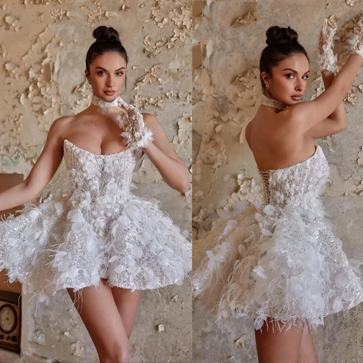 Fashion Strapless A Line Wedding Dress Elegant Sequined Lace Bridal Dress Beaded Feather Appliques Customized vestidos de novia