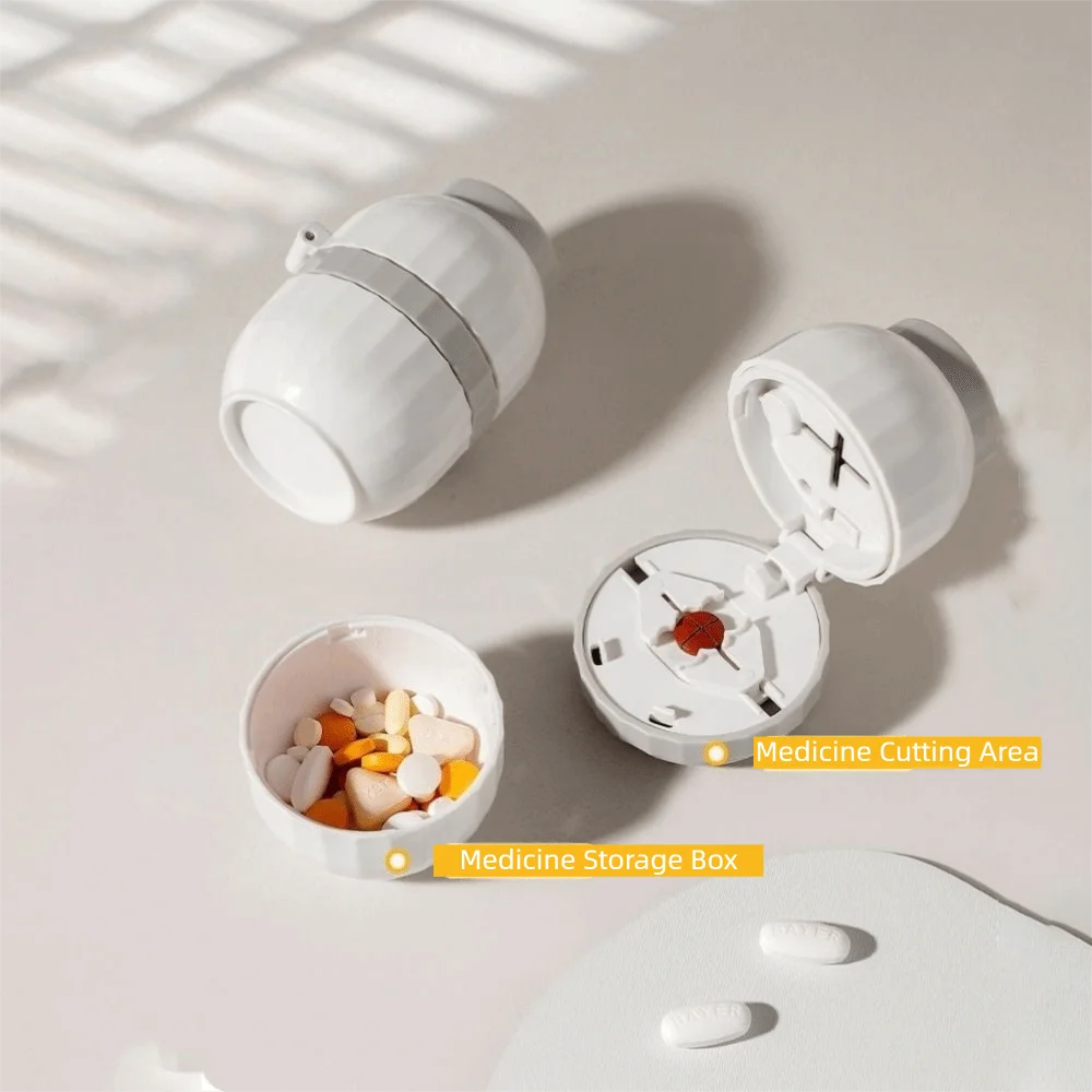 Portable Plastic 2-in-1 Pill Box Adjustable Waterproof Quartering Pill Cutter Dust-proof Drug Tablet Organizer for Home Use