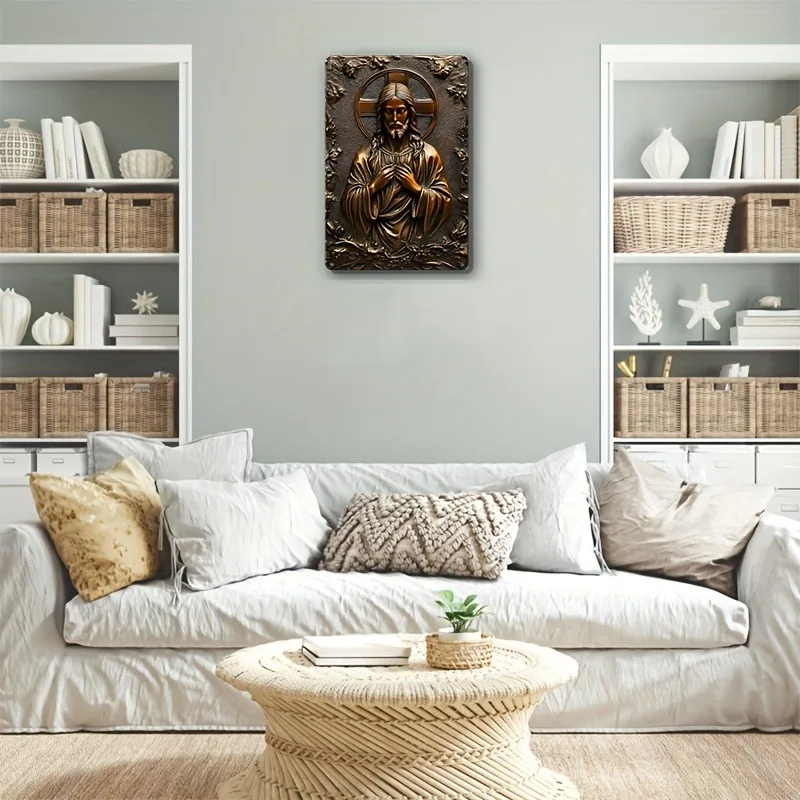 2D Retro Metal Aluminum Wall Sign, Flat Jesus Square Plaque, Rustic Home Decor, Wreath Hanging Ornament for Living Room Door