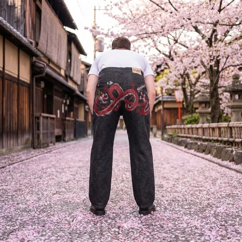 

Мешковатые джинсы Y2K Harajuku, винтажная ткань, брюки с американской вышивкой, дракон, брюки с кромкой, повседневная готическая уличная одежда 2000-х годов, широкие брюки