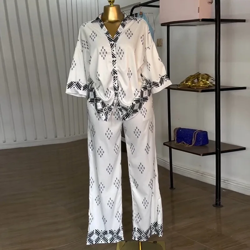 Donna Estate 2025 Moda Risvolto Stampa Camicia ampia Pantaloni a gamba larga Set casual Completo casual Pantaloni a gamba larga Set coordinato