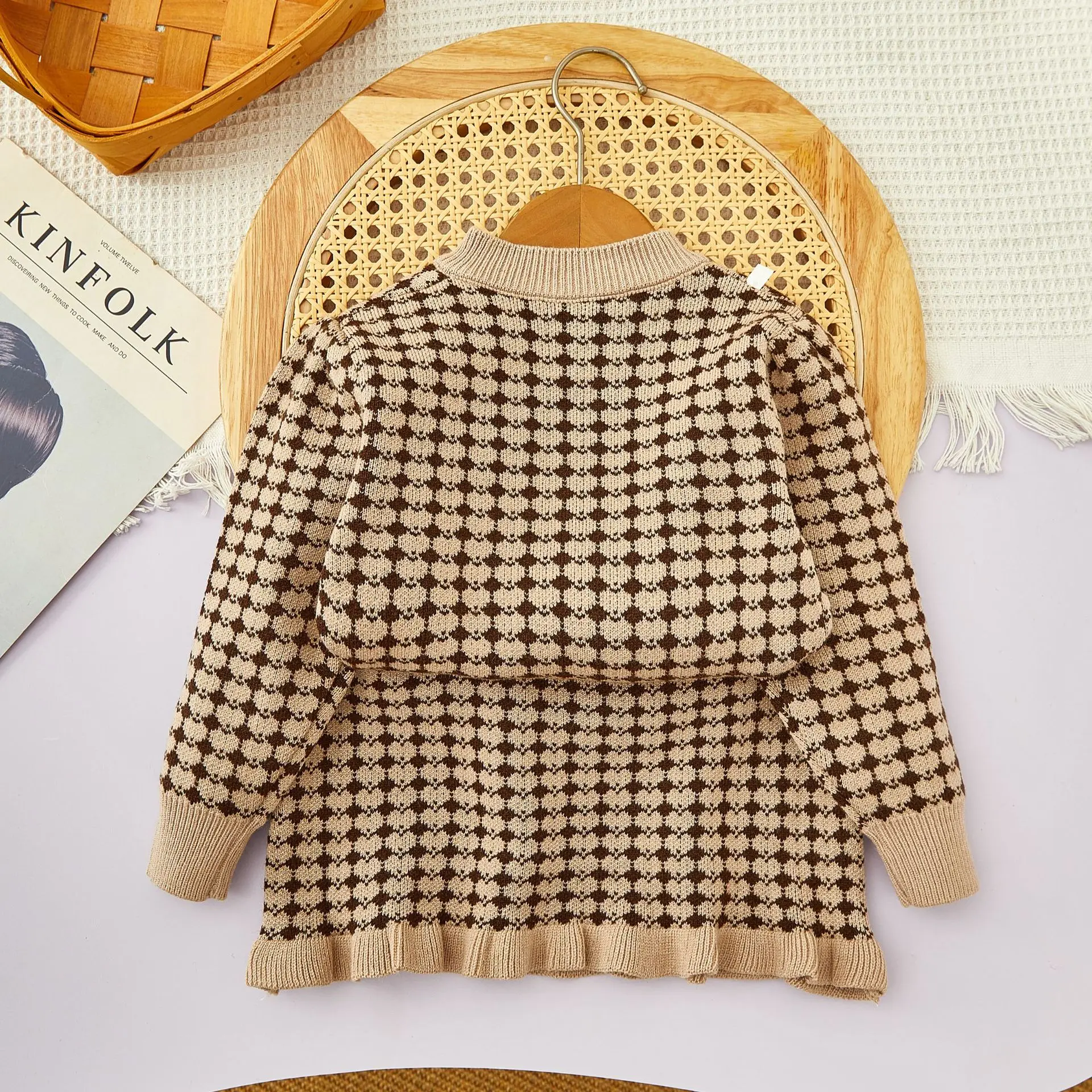 Bear Leader Kids Clothes Girls Winter Knitted Set Checkered Printed Single Breasted Cardigan+Short Skirt Children\'s Sets