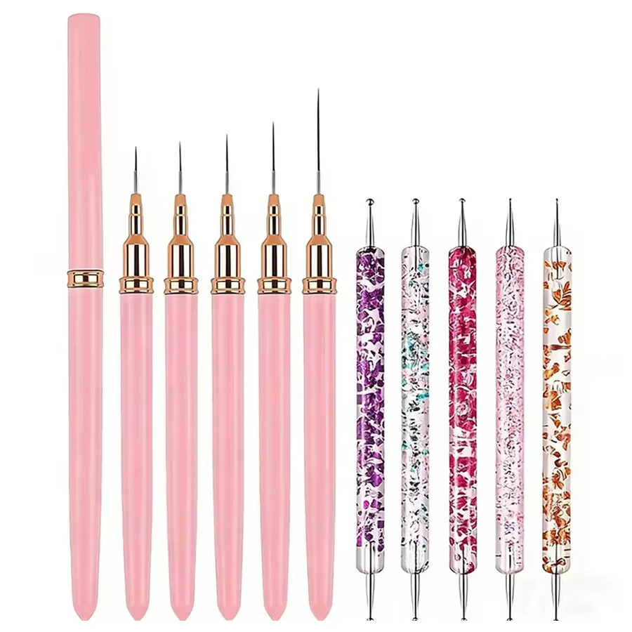 Conjunto de Pincéis de Acrílico de Ponta Dupla para Nail Art Profissional, para Esmalte em Gel, Delineador Fino, Pintura de Flores, Desenho, Manicure 
