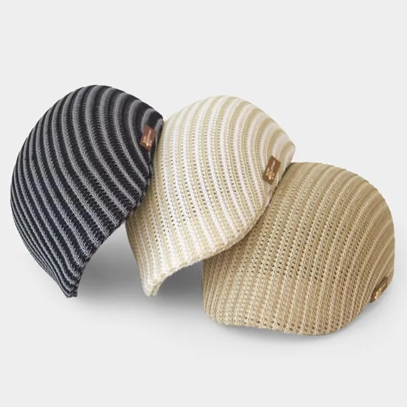 Men's Forward Hat Breathable Linen Knitted Duck Tongue Hat Summer Hollow Knitted Men's and Women's Reverse Wearing OutdoorBerets