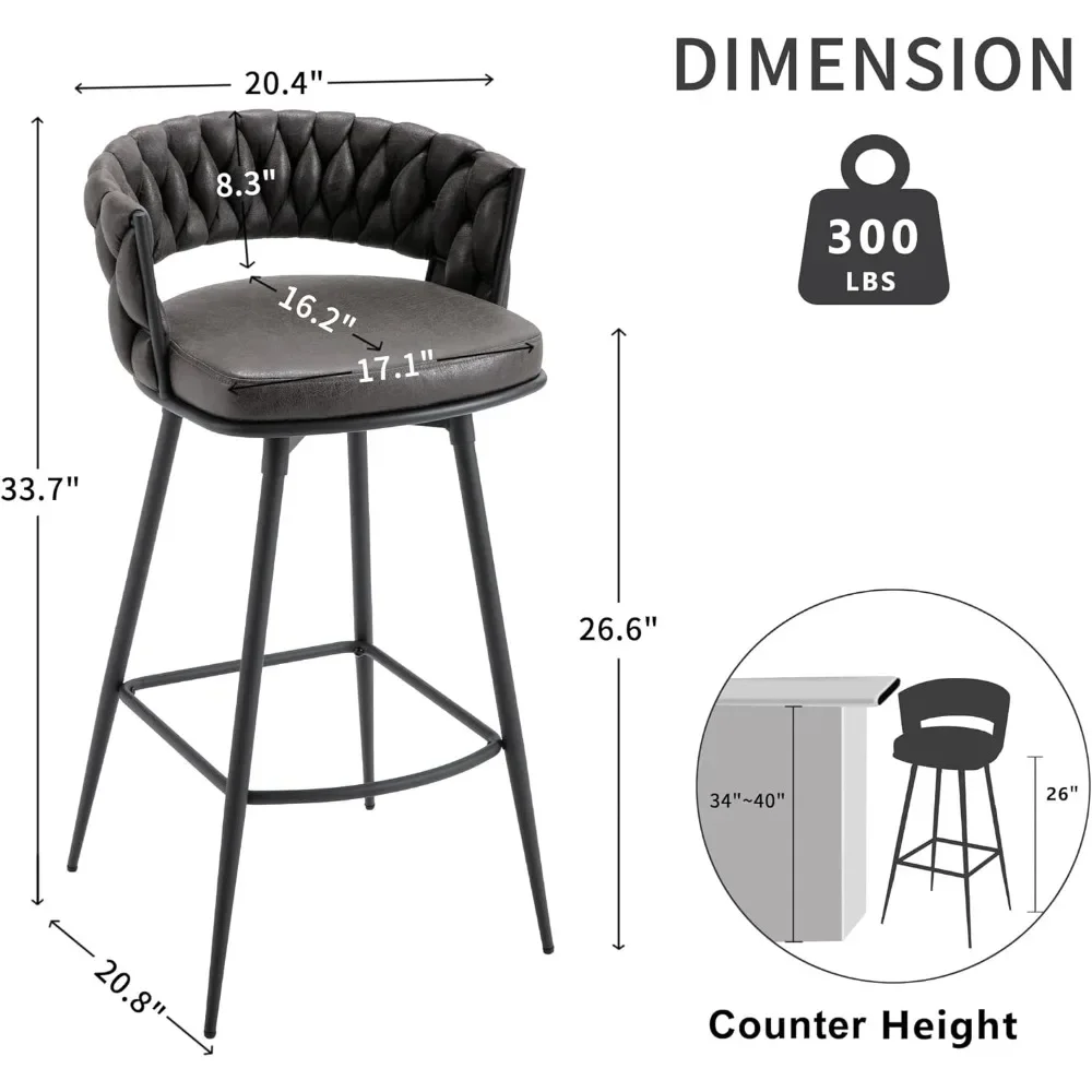 26inch Bar Stools Set of 4, Counter Height Bar Stools, 180° Swivel Suede Fabric Stool Chairs with Woven Back and Footrest