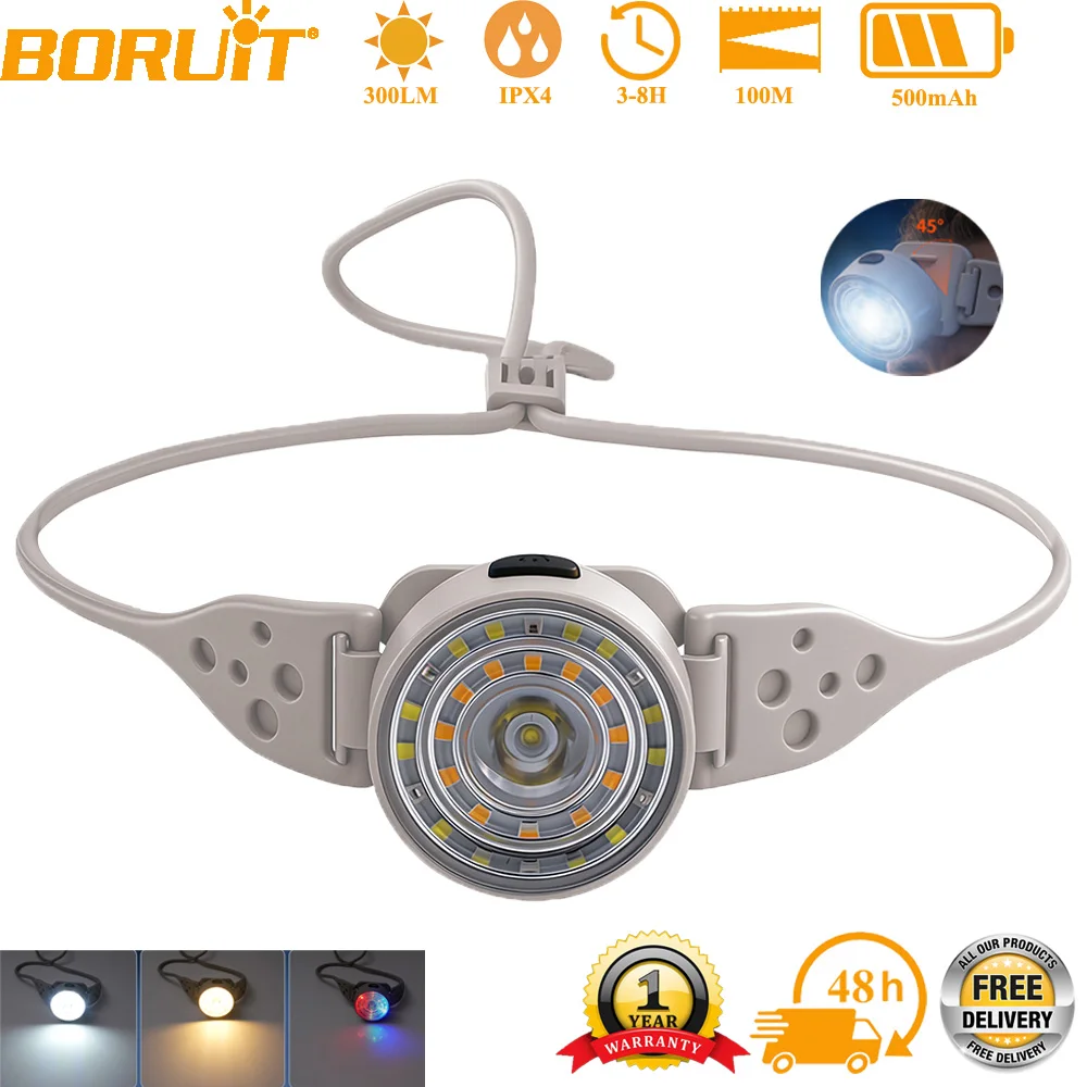 BORUiT LED Portable Silicone Multi Flashlight Dual Light Source Head Lamp Waterproof 5 Light Modes Headband for Camping Running